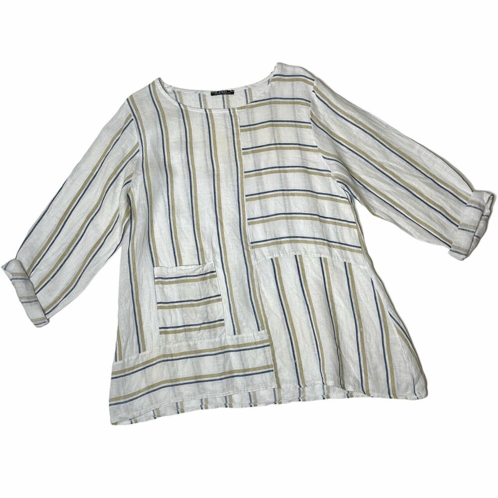 Zen Italy White Linen Scoop Neck 3/4 Sleeve Striped Lagenlook Blouse Size Large